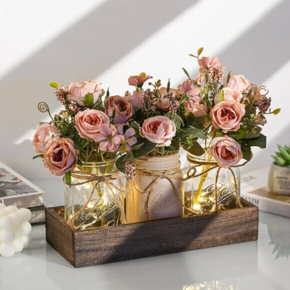 New 3-Piece Mason Jar Centerpiece with LED Lights, Farmhouse Table Decor - Pink